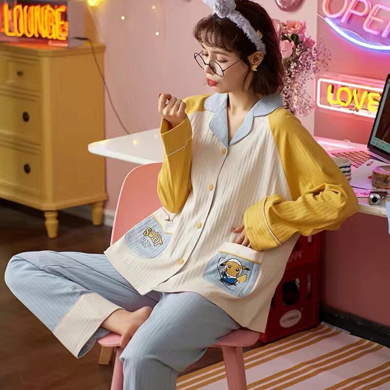 100% algodón desgaste para el hogar de las mujeres de primavera y otoño de manga larga estilo coreano cardigan desgaste exterior de gran tamaño pijamas sueltos de invierno