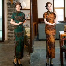 老上海中老年女士长款旗袍2022春夏新款复古民国传统宴会短袖旗袍