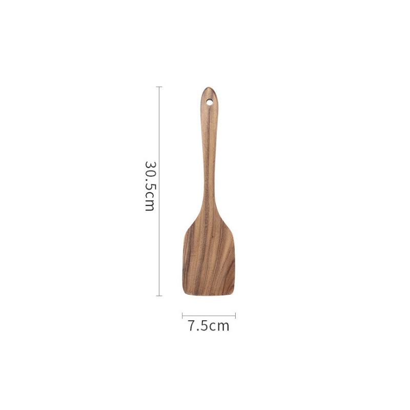 Juego de cocina de teca, cuchara de pala de madera maciza, tenedor, sartén antiadherente, utensilios de cocina de madera de acacia, espátula de mango largo, juego de cocina de 9 piezas