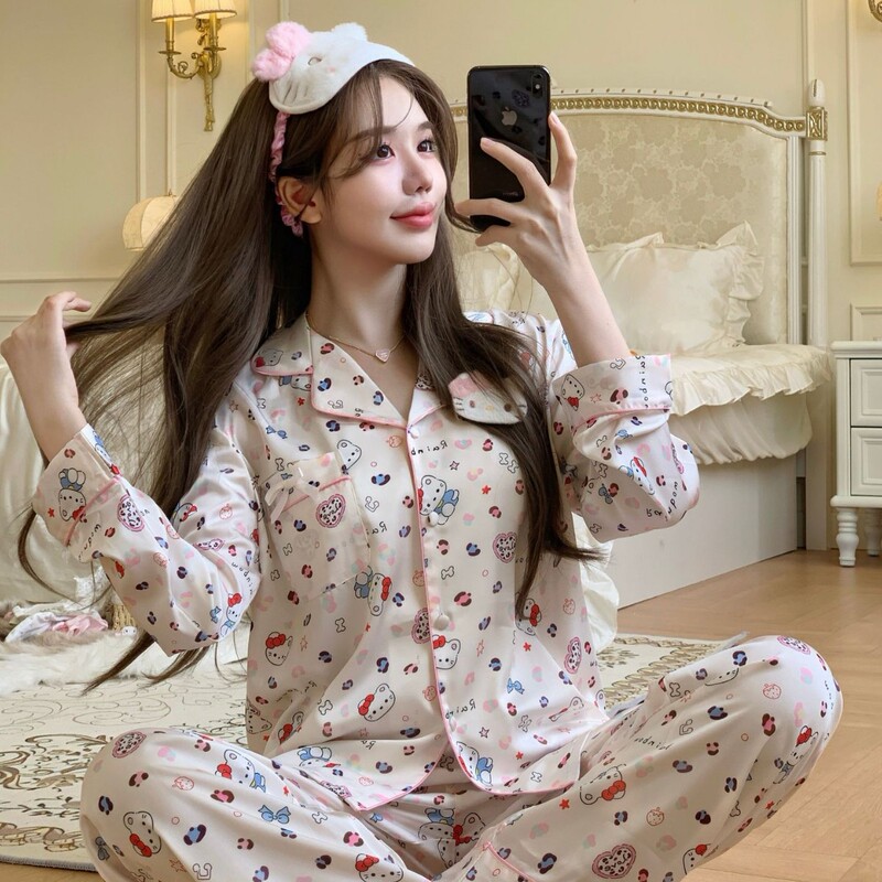Yase [Rainbow Milk Cat] Spring and Autumn Pajamas Women's Ice Silk Japanese Style Cute Cartoon Long-Sleeved Cardigan Suit Home Clothes