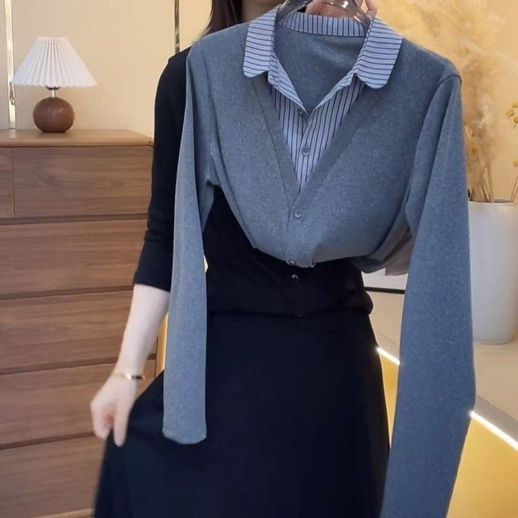 批发中年妈妈装女士2025早秋新款时尚假两件长袖打底衫显瘦polo领|undefined