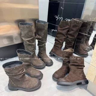 美拉德复古铆钉堆堆长筒靴女秋冬做旧磨砂粗跟西部牛仔高筒骑士靴