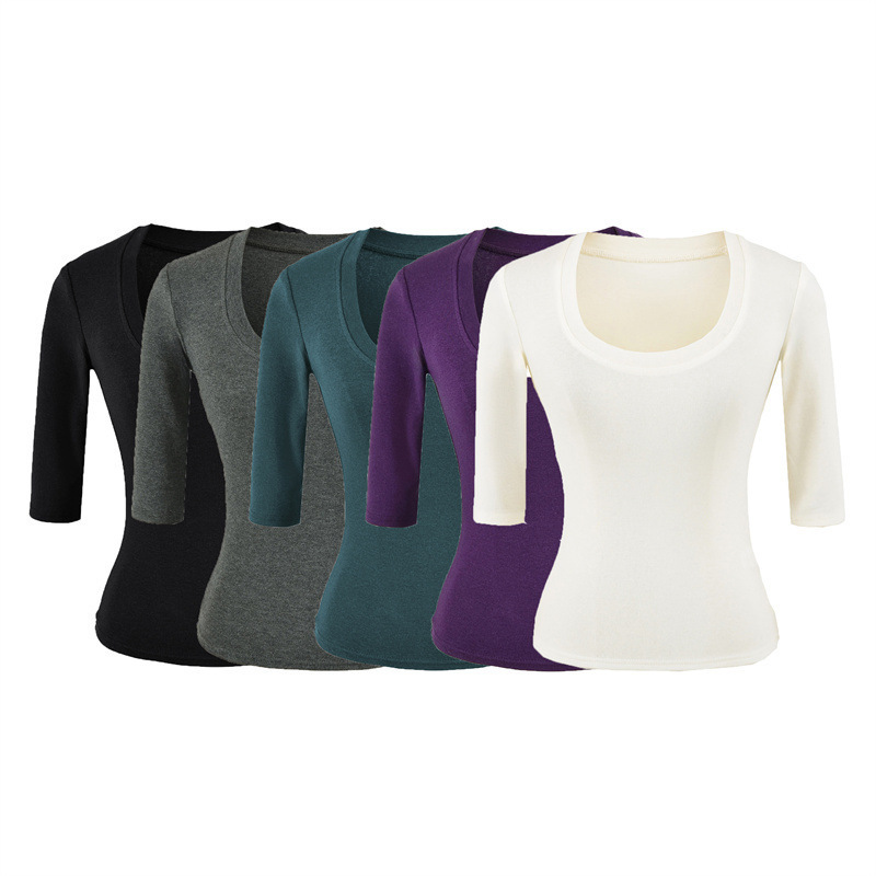 Hot Girl U-Neck Tight-Fitting Mid-Sleeve T-Shirt for Women, Summer Elastic Slimming Basic Casual Versatile Base Shirt Top