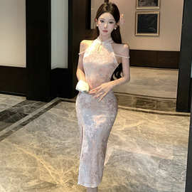辣妹修身性感新中式无袖丝绒高级修身气质旗袍连衣裙