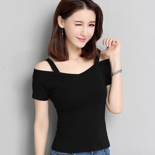 Summer 2025 New Korean Style Off-the-Shoulder Strappy Short-Sleeve T-Shirt for Women, One-Shoulder, Off-the-Shoulder, Sexy, Fitted Student Top