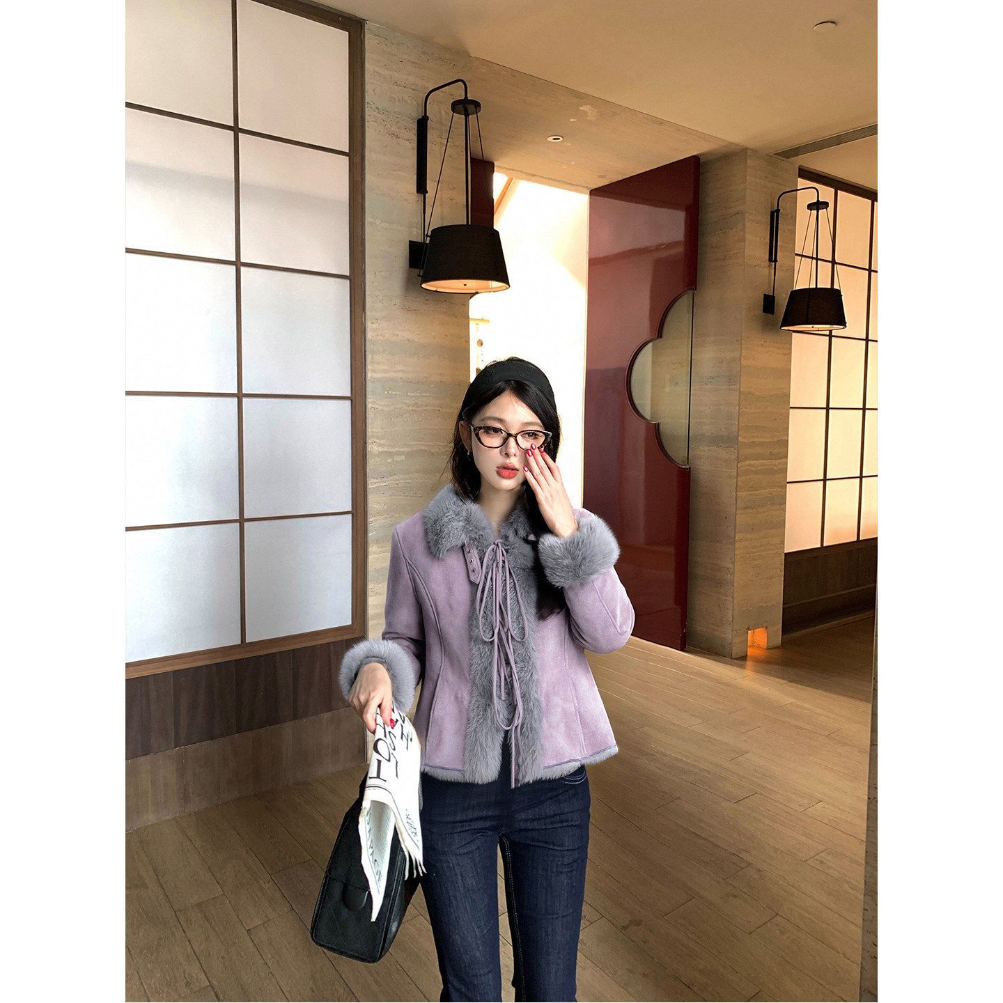 毛毛翻领麂皮绒外套女冬季2026新款高级感巨好看紫色上衣