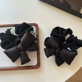 韩系同款高级感褶皱黑色充棉蝴蝶结发圈气质百搭马尾丸子发绳头绳