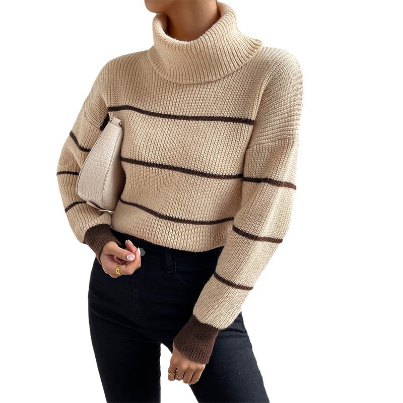 Cross-border foreign trade women's sweater European and American style casual striped contrasting color knitted top high collar versatile loose knitted sweater