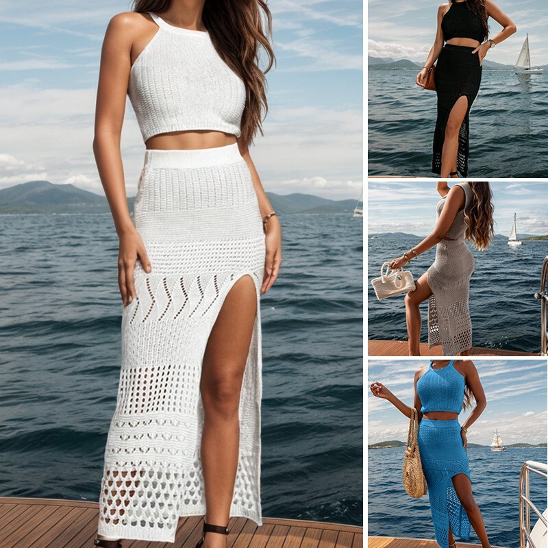 2024 European and American New Women's Mid-Length Slit Long Skirt Slimming Look Straight Beach Skirt Set Bikini Outer Cover-Up