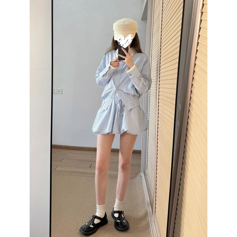 小众清冷感撞色蓝格子翻领长袖衬衫女2025新款花苞裙短裙两件套装|undefined