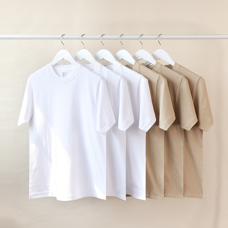 Spring new 210g solid color thin cotton short sleeve men's T-shirt khaki milk tea color men's and women's casual jacket