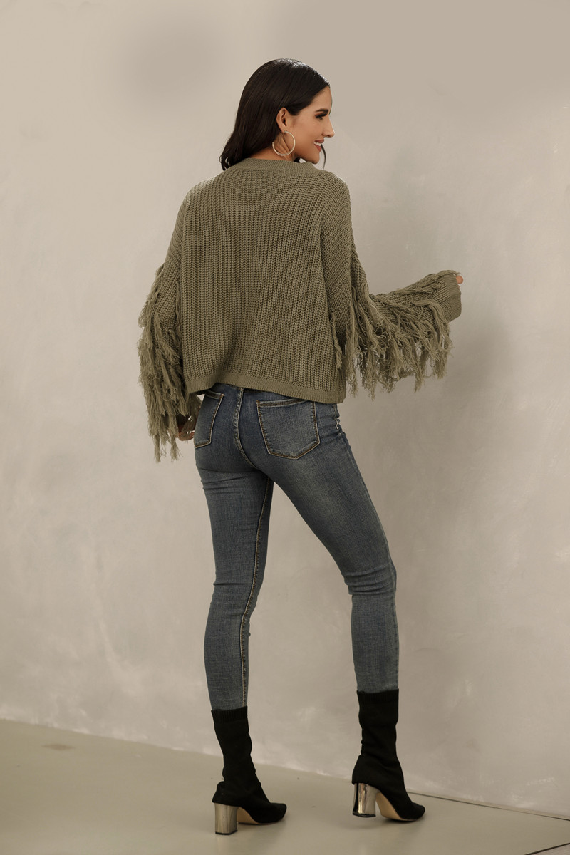 2021跨境新款圓領(lǐng)寬松型時尚長袖帶流蘇毛衣女裝