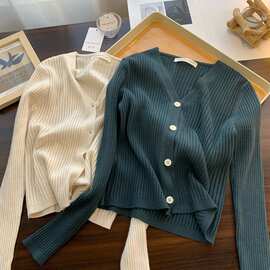 2025温柔软糯~细细坑条纹V领百搭针织衫小开衫 小个子打底毛衣