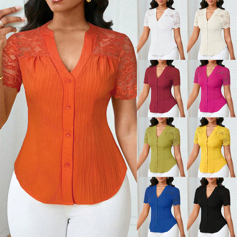 2026 Cross-Border European and American Amazon Fashion Versatile Single-Breasted Solid Color Slim Embroidered Hollow Short-Sleeve Top
