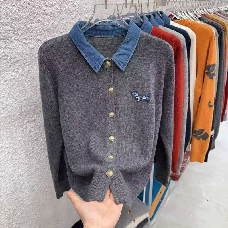 Korean-Style College Style 2026 Spring New Denim Lapel Color-Blocked Knitted Cardigan for Women, Layered with a down Jacket and Sweater Korean-Style College Style 2026 Spring New Denim Lapel Color-Blocked Knitted Cardigan for Women, Layered with a down Jacket and Sweater