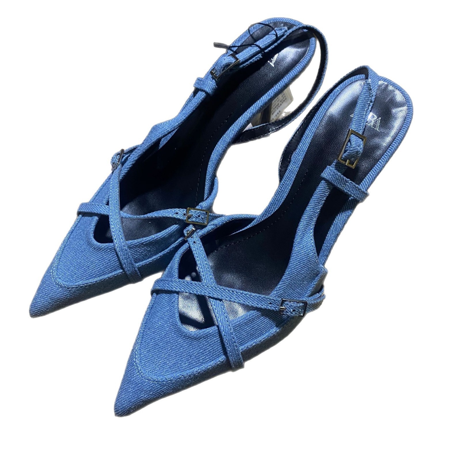 ZAJ2025 Spring Women's Shoes Blue Denim High Heeled Mule Shoes British Cross Strap Sandals Women's Shoes