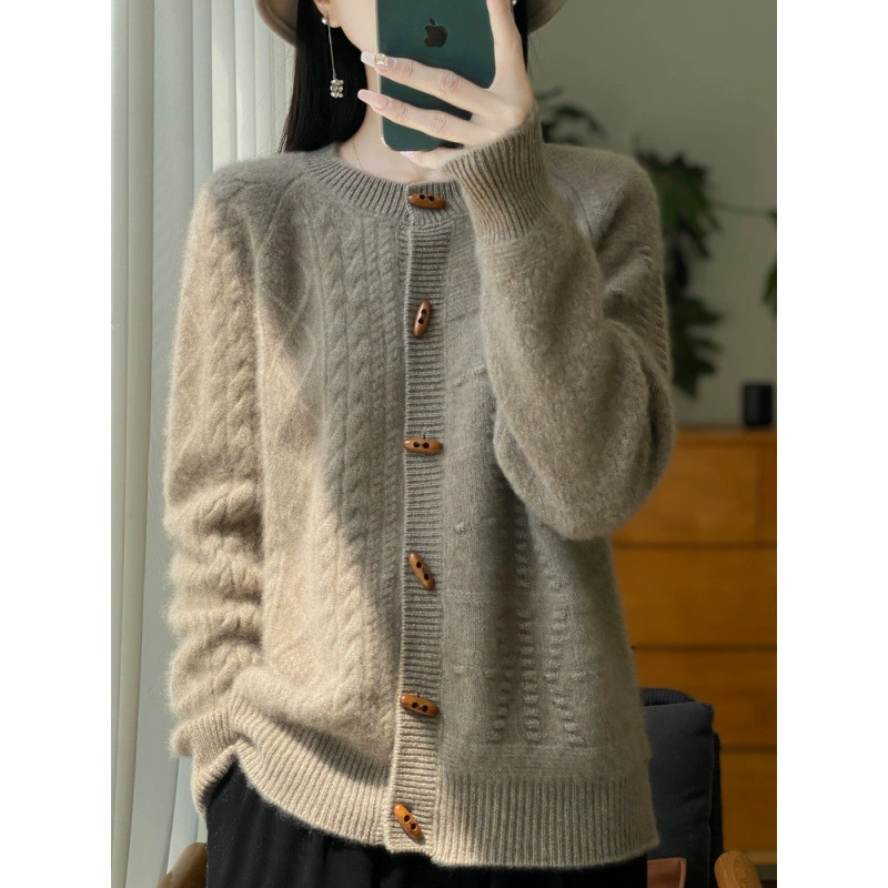 Европейский винтажный рога пуговицы 100 чистый шерстяной кардиган женский короткий толстый тонкий свитер кашемировый свитер куртка