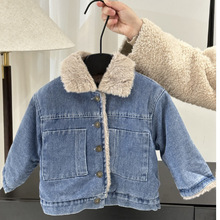 加绒牛仔外套冬加厚新款一体宝宝羊羔绒保暖儿童牛仔棉衣