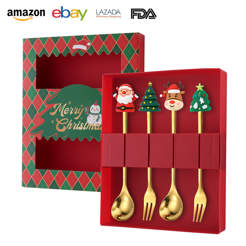 Cross Border Stainless Steel Creative Christmas Tableware suit Cartoon Santa Elk Doll Spoon Fork Coffee Spoon Gift Box