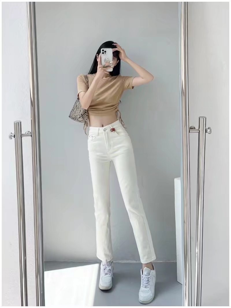 Solid color high waist leather label decor cropped jeans NSXDX135909