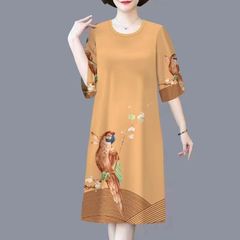 中高年ママ服五分袖ワンピース夏2025新作ファッションプリントゆるいカジュアル着痩せ中丈