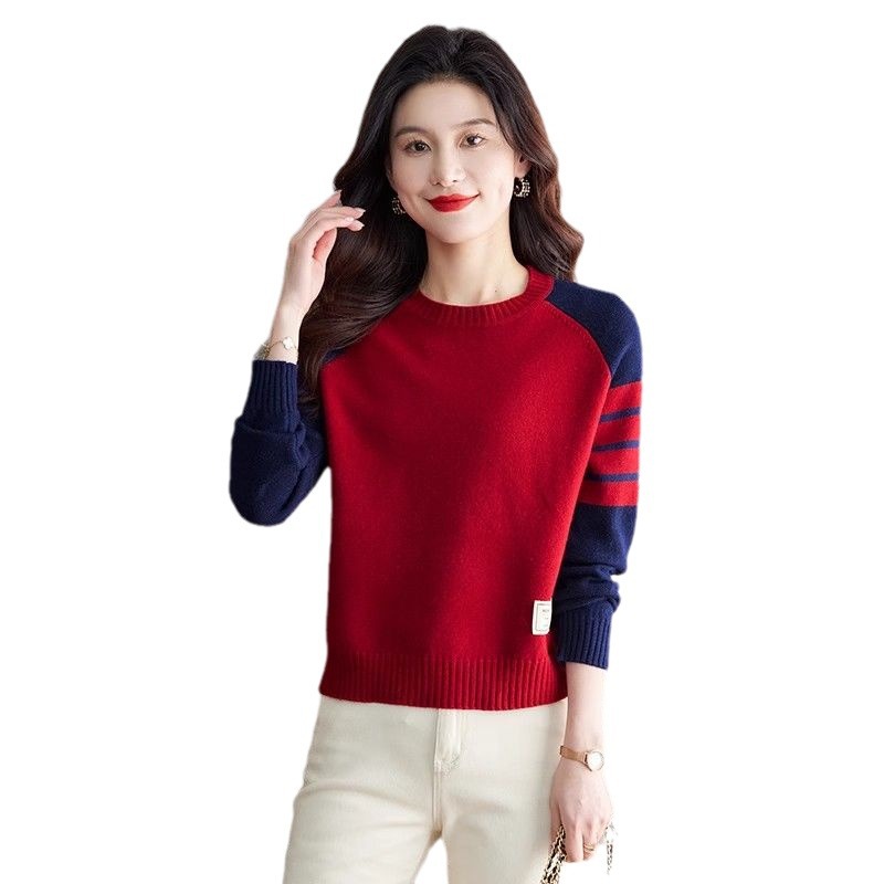 【Familia Cashmere】 Suéter de cuello redondo de lana corta para mujer, suéter de otoño e invierno con capa interior de punto suelto a rayas_voghion.com