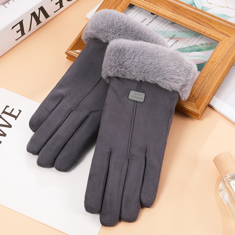 Guantes de gamuza de otoño e invierno guantes de pantalla táctil cálidos para mujer imitación boca de piel de conejo Rex forrada de lana gruesa a prueba de frío guantes