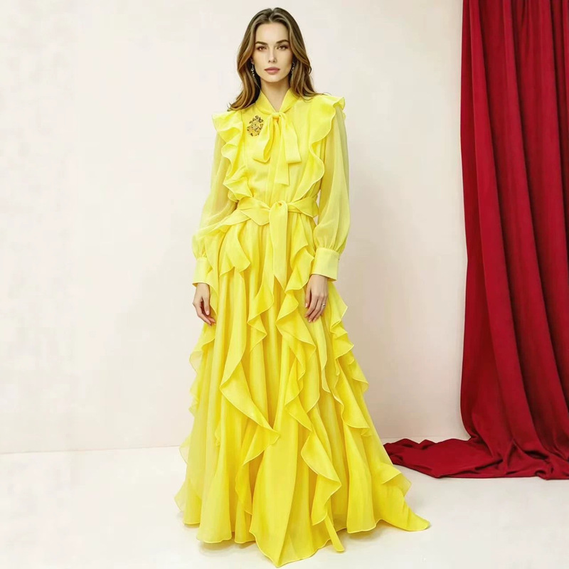 Chiffon Ruffle Fringe Long Dress 2026 Summer New Style Women's Tie-Neck Court-Style Dress with Metal Embellishments Chiffon Ruffle Fringe Long Dress 2026 Summer New Style Women's Tie-Neck Court-Style Dress with Metal Embellishments