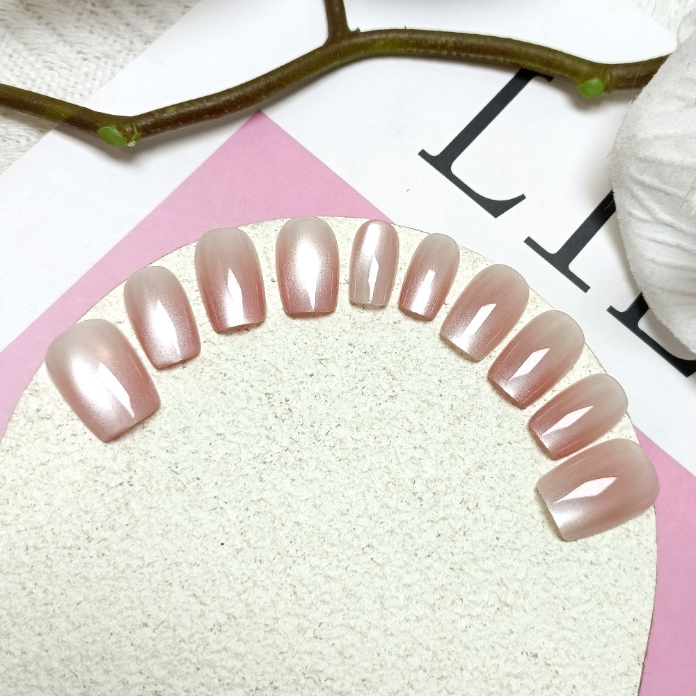 Puntas de uñas con efecto ojo de gato en rosa degradado, juego de 10 piezas con diferentes tamaños, puntas de uñas artísticas hechas a mano, pegatinas de uñas simples y elegantes.