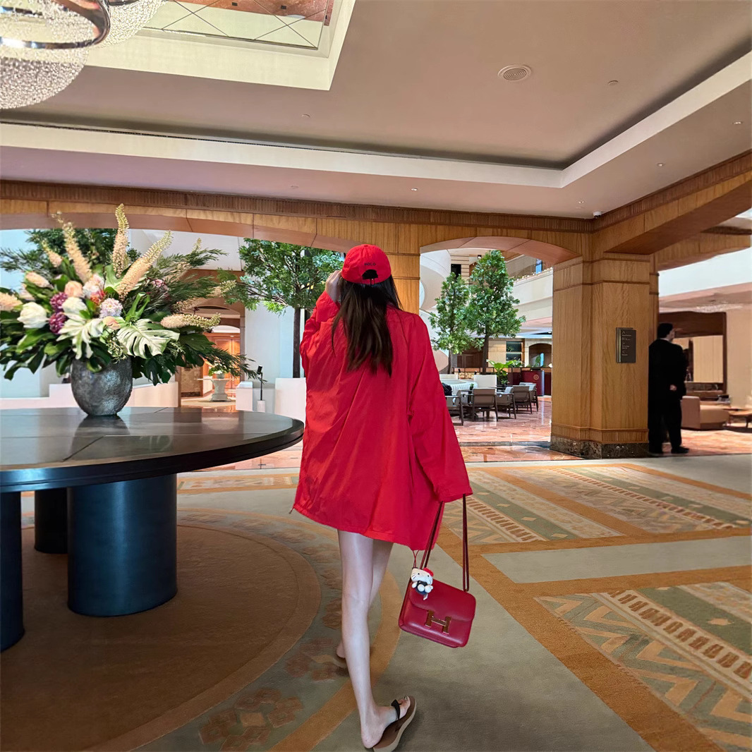 Red Mid-Length Cardigan Jacket 2025 Summer New Style Lazy Casual Style Loose and Versatile Long-Sleeved Windbreaker for Women