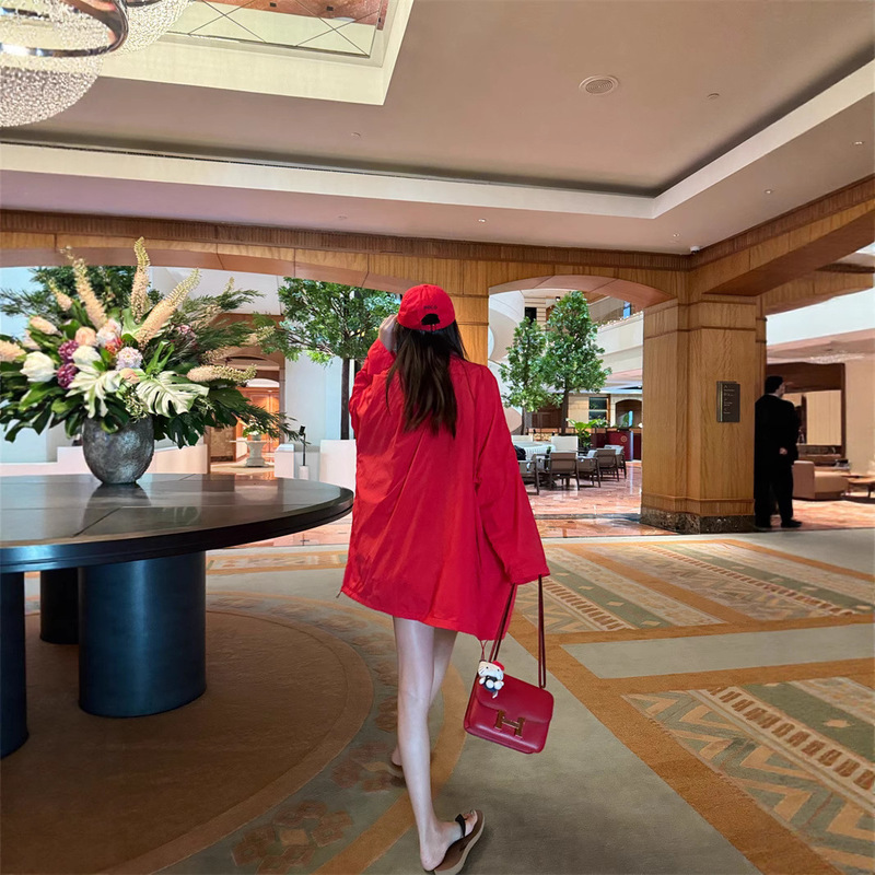 Red Mid-Length Cardigan Jacket 2025 Summer New Style Lazy Casual Style Loose and Versatile Long-Sleeved Windbreaker for Women