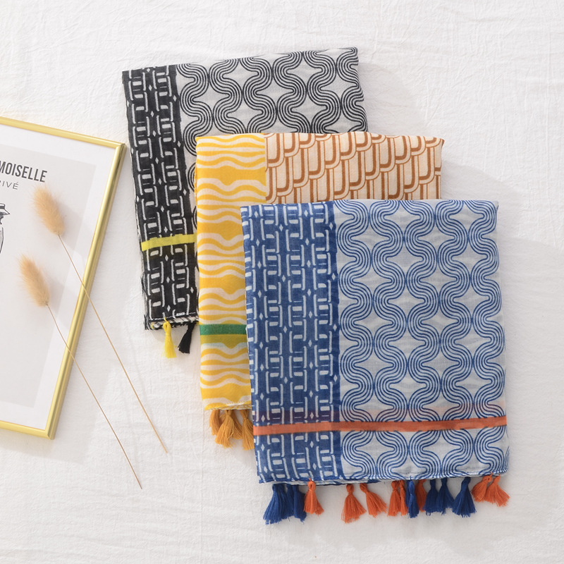 Comercio exterior transfronterizo de primavera y verano bufanda delgada protección solar chal artístico versátil onda patrón geométrico algodón y lino bufanda