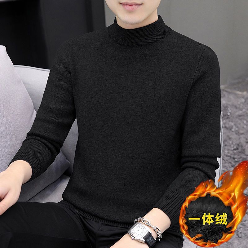 가을과 겨울 니트 라인 옷 따뜻한 긴팔베이스 셔츠 반 높이 목 솔리드 컬러 스웨터 남자 기모 두껍게 느슨한