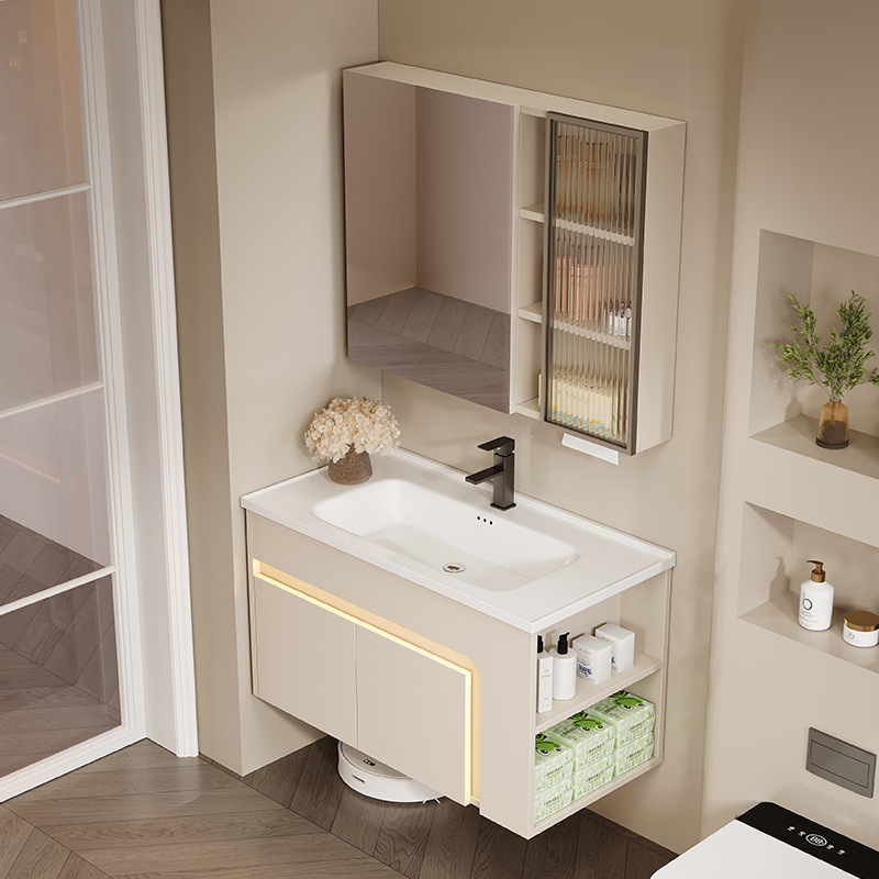 Ultra-Narrow 40cm Wide Cream-Colored Honeycomb Aluminum Bathroom Cabinet for Small Households, with a Deep Washbasin and Side Storage Mirror Cabinet Ultra-Narrow 40cm Wide Cream-Colored Honeycomb Aluminum Bathroom Cabinet for Small Households, with a Deep Washbasin and Side Storage Mirror Cabinet