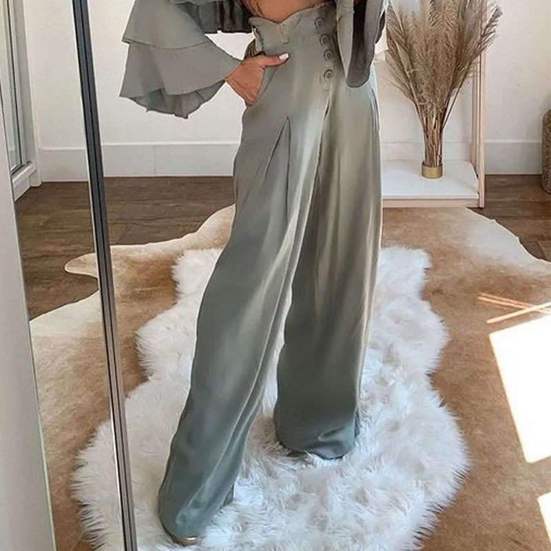 Off-Shoulder Ruffled Back Loose Pants Set