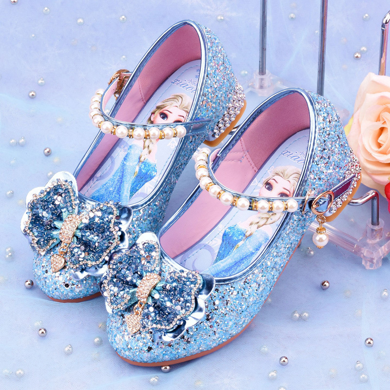 Girls' high heel shoes 2023 Spring and Autumn new children's Frozen princess shoes little girl Aisha Crystal leather shoes