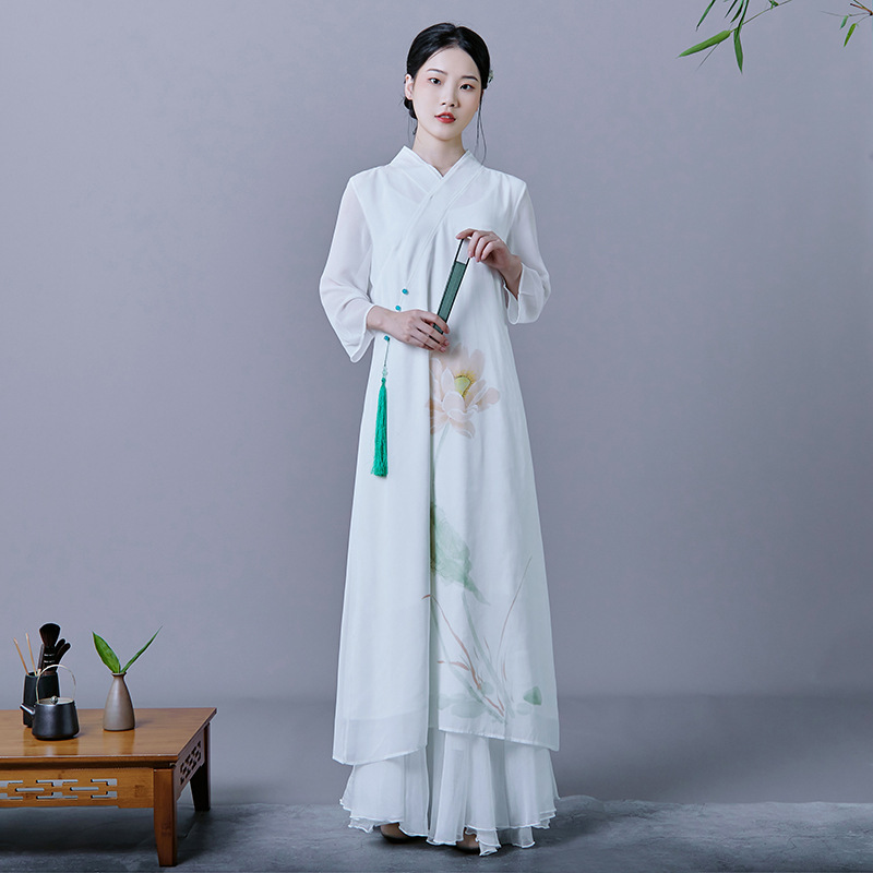 中国風改良レースアップ斜め襟禅茶服文学レトロ長袖シフォンドレスワイドレッグパンツスーツ|undefined
