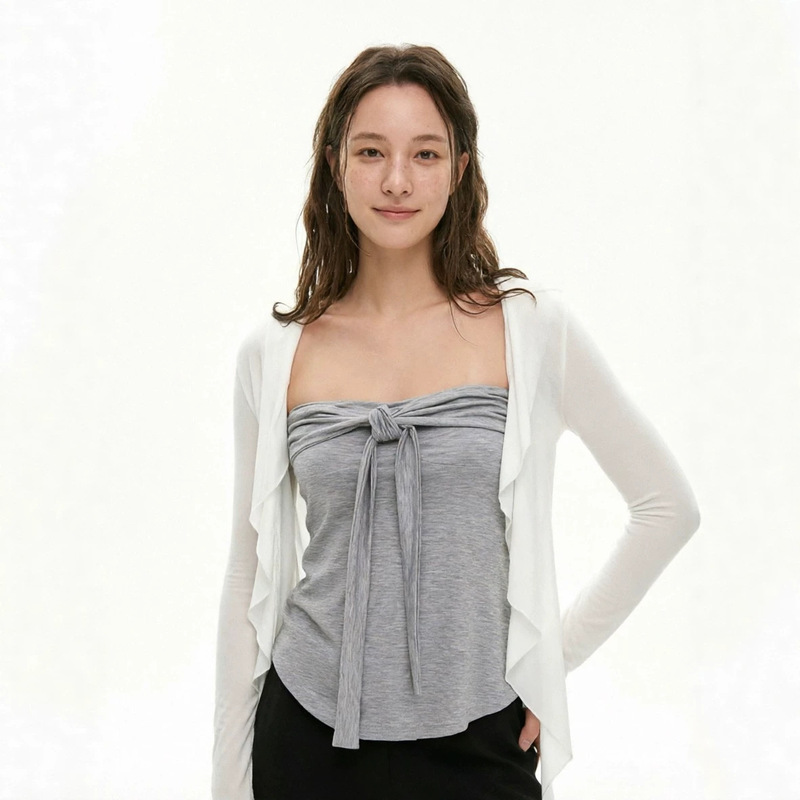 Heyac Spring/Summer Ruffled Cardigan Tube Top 2026 Women's Versatile Youthful Pure Desire Cool Long Sleeve T-Shirt