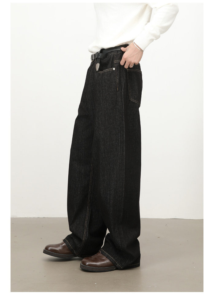 Quần jeans nam dáng rộng ống thẳng màu bò đen nguyên bản, túi thêu họa tiết, lưng giữa — Bò đen sống chi tiết 8