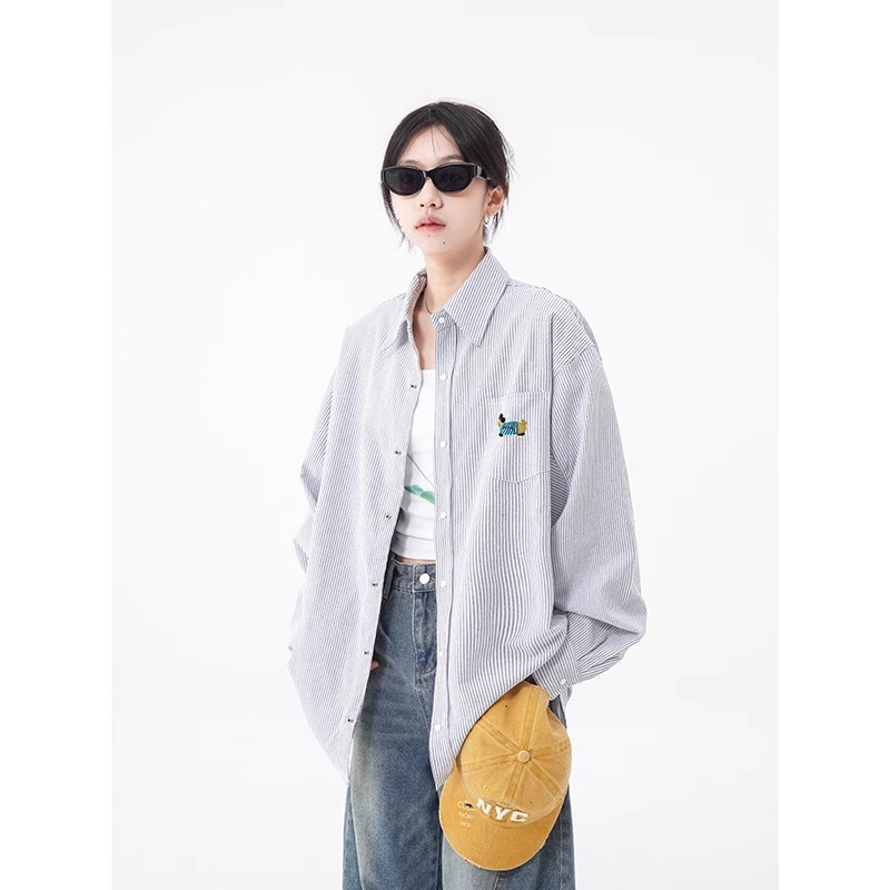 American Dachshund Puppy Embroidery Shirt Men's 2025 Spring/Summer New Loose Barn Style Couple Shirt Long Sleeve Jacket