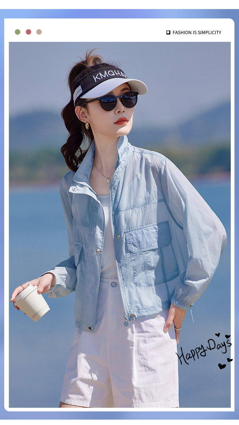 Áo chống nắng nữ cổ đứng túi hộp dáng rộng tay ngắn mỏng nhẹ — màu xanh nhạt, màu đỏ chi tiết 1
