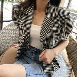 2026 chic韩系格子翻领短款复古双排扣西服外套
