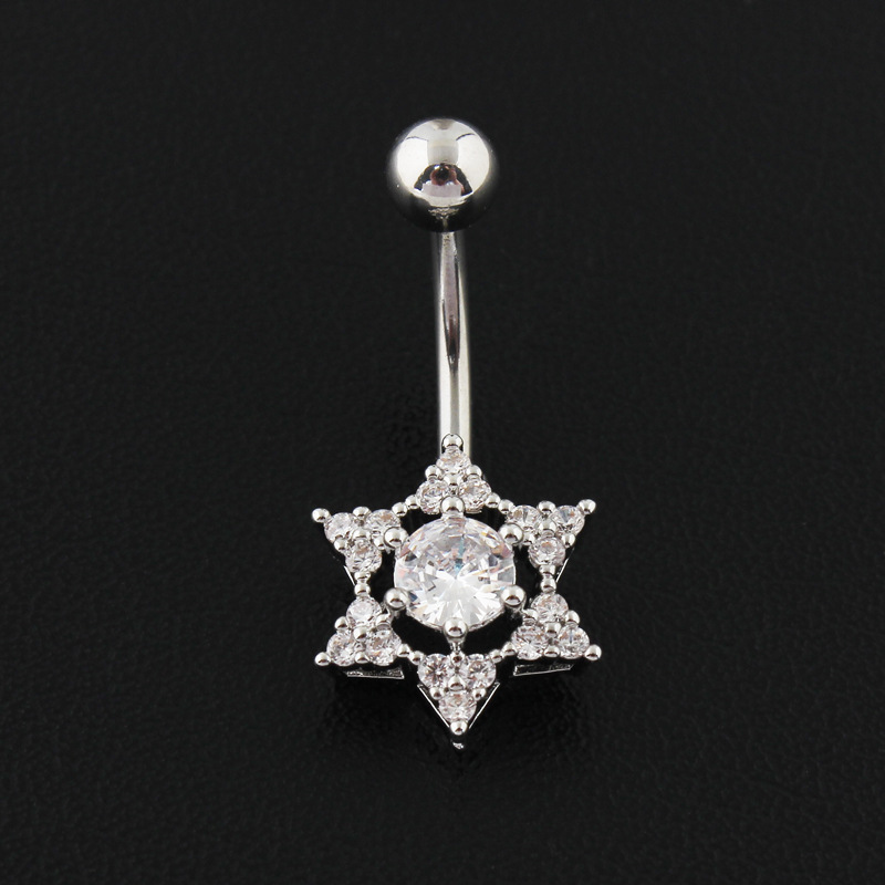 Zircon Flower Navel Ring In Titanium Steel With Diamond Detailing_voghion.com