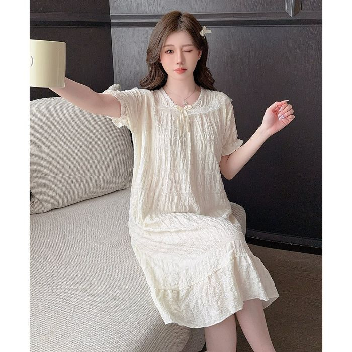 2025 verano princesa viento pijama de mangas cortas nubes de algodón encaje de color sólido vestidos para el hogar ropa