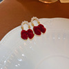 Red silver needle, retro demi-season earrings from pearl with bow, silver 925 sample, wide color palette