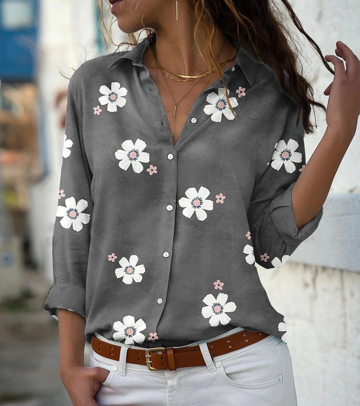 Fashion Flower Cotton Blend Polyester Shirt Collar Long Sleeve Regular Sleeve Printing Blouse