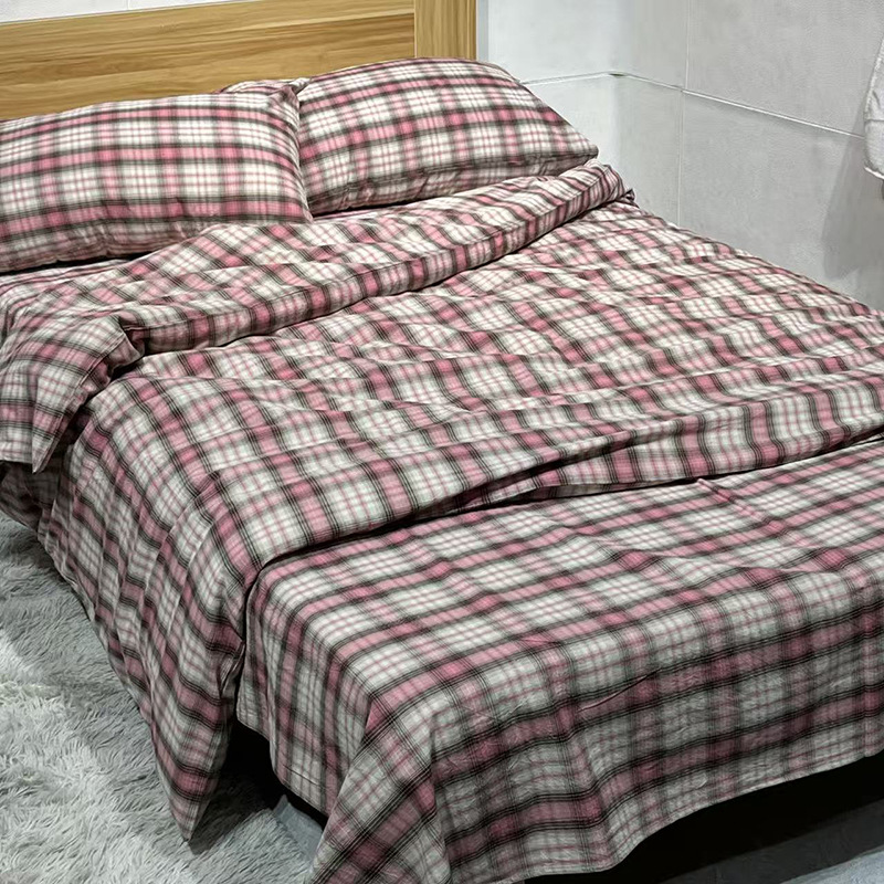 Pink Plaid Pure Cotton Bed Sheet Set For Comfortable Bedding_voghion.com