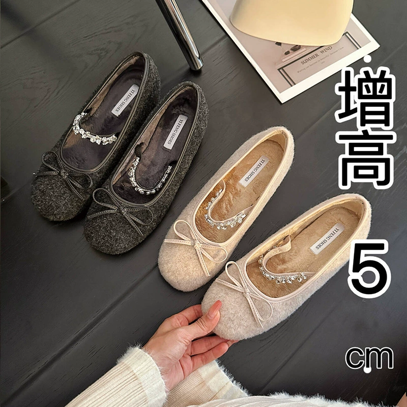 Маленькие туфли с бантом меховые туфли внутри плюс бархатные стразы Мэри Джейн балетные туфли теплые хлопчатобумажные туфли