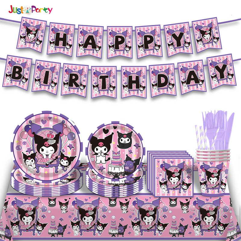 Kuromi Birthday Party Supplies Disposable Paper Plates Paper Cups Paper Towels Tablecloths Children's Cartoon Decoration Props Supplies Kuromi Birthday Party Supplies Disposable Paper Plates Paper Cups Paper Towels Tablecloths Children's Cartoon Decoration Props Supplies