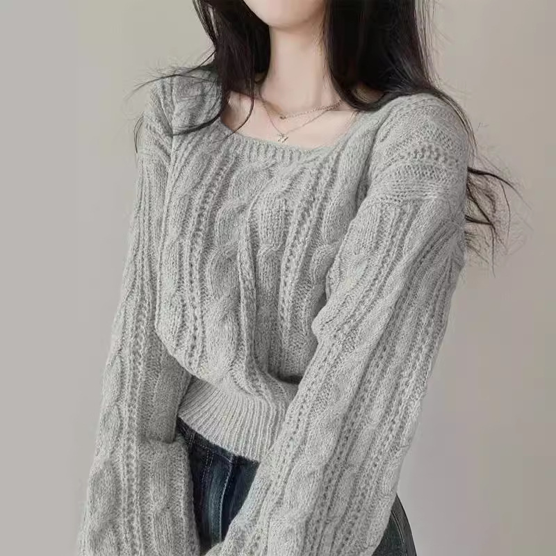Coreano retro torcido cuello cuadrado hoodie de manga larga suéter de mujeres otoño y invierno nuevo suelto corto perezoso chaqueta de punto image 3